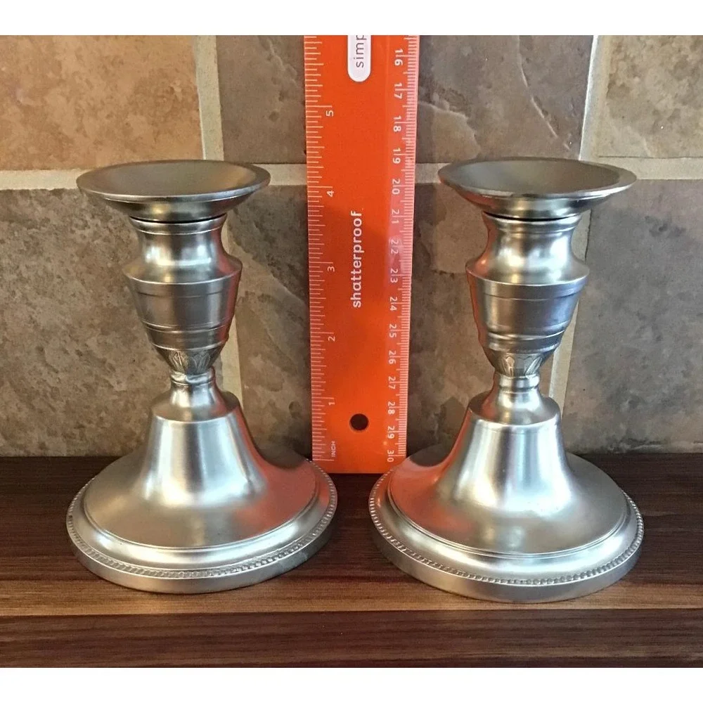 VTG Pewter Candlestick Holders Beaded‎ Base 5.5